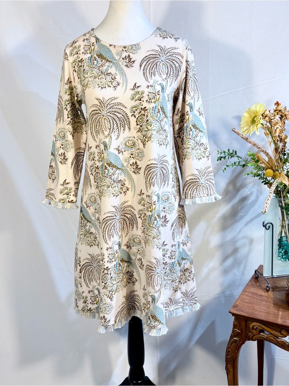 💥Spartina 449 Jane Peacock Palm Island Fringe Dress Peruvian Cotton Sz S🧡 - Picture 2 of 12